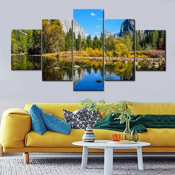 Модулни картини върху платно с 5 панели, Плакати с природни гледки, Стенни щампи с пейзажи, Снимки, Езера, Гори, планини, HD печат
