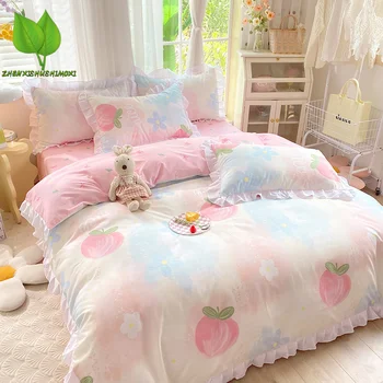 Набор от пододеяльников в стил Ins с плоска чаршаф, калъфки за възглавници с хубав персиковым цветисти принтом, комплект спално бельо за момичета размер 