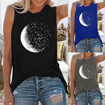 Най-забавната женска тениска с принтом на Луната, реколта лятна тениска без ръкави, Женска риза в стил Харадзюку, дамски летни потници, облекло
