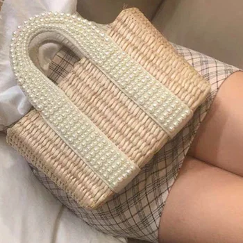 Нова дамска чанта с перли, дамская чанта-тоут, чанти през рамо, сламена кошница ръчно изработени чанти-месинджър, пътна чанта за тоалетни принадлежности, косметичка