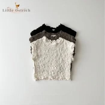 Однотонная тениска за малки момичета и момчета, Лятна hoody без ръкави за деца, Всекидневни пуловер с волани, дрехи за деца от 12 m до 5 години