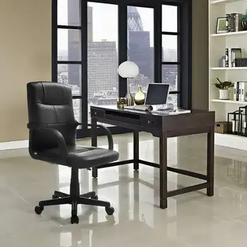 Офис стол от естествена кожа със средна облегалка, черна, регулируема височина