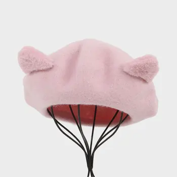 Очарователна Розова Вълнена шапка-барета със собствени кошачьими уши за момичета, Женски обикновена Барети, зимна шапка във френски стил