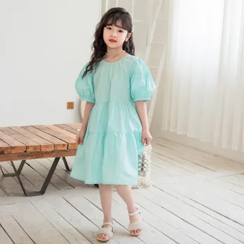 Памучно рокля за момичета, лятото 2023, Нова детска Свободна Ежедневни облекла, Милото детско Принцеса рокля с пищни ръкави, #7410