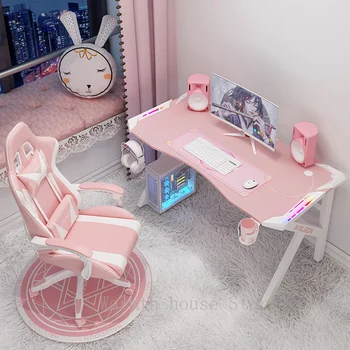 Пинк игра таблица, набор от столове, комбинация за момичета, геймър, офис маса, компютърно бюро, маса за КОМПЮТЪР, модерен красива маса RGB