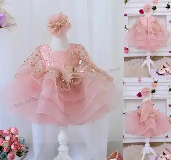 Розова рокля за рожден Ден за деца, рокля-пакетче с пайети за момичета в едно цвете, Блестяща рокля за абитуриентски бал с дълъг ръкав, детски рокля за специални случаи