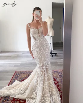 Сватбена рокля на Русалка на тънки спагети презрамки Yczzly за жени, Дълга сватбена рокля с аппликацией от дантела и перли YW437