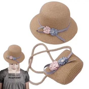 Сламени шапки, Чанта за момичета, Плетени чанта през рамо и Сламена шапка срещу Слънцето в едно цвете, Летни стоки от първа необходимост за ежедневието, пътуванията на пикник
