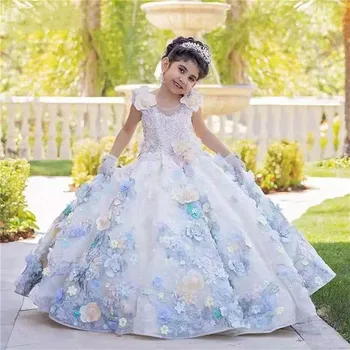 Сребърен атласное рокля с опашка, без ръкави, украшенное пайети рокля с цветя модел за момичета, Луксозна сватбена рокля за най-малките деца за вечеря, рокля за празнуване на абитуриентски бала