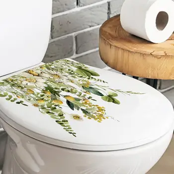 Стикер на капака на тоалетната чиния със собствените си ръце, стикер на капака на тоалетната чиния, Украсете баня самоклеящимися стикери върху капака на тоалетната чиния със зелен растение във формата на цвете