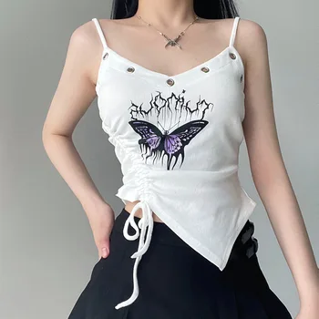 Съкратен блузи, женски Нови върхове с принтом пеперуди, Тънки Тънка каишка, Контрастен дантела, плиссированная риза с метални отвори с неправилна форма
