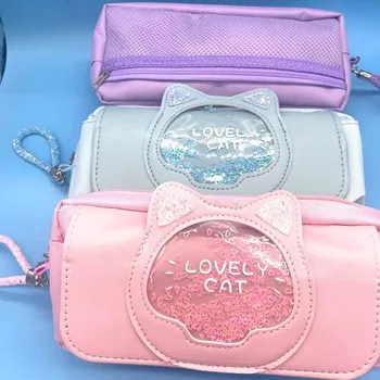 Трислоен котешки молив случай, Нова голяма чанта голям за моливи с сладък котка, Плаващи пясъци, канцелярская чанта за момичета