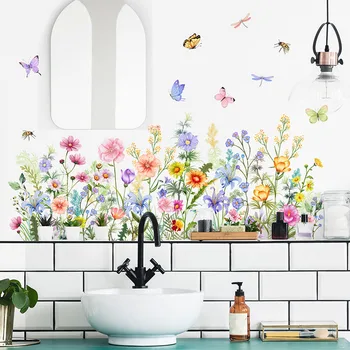 Цветя, растения, стикери за стена, пеперуди и водни кончета, флорални стикери за стени, Стенописи, Пъстър Цветен декор на стените за спални, всекидневна