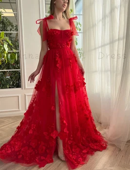 Червени Вечерни рокли от Тюл с 3D Аппликацией за жени 2023, Дължина до пода Вечерна Рокля за спагети презрамки с прерязано