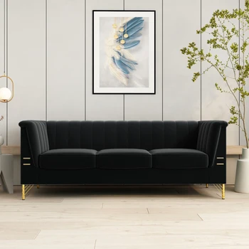 Черно кадифе диван, лесно монтируемый, е мек и удобен за вътрешна мебели за всекидневната